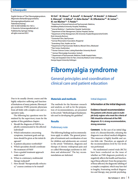 Síndrome de fibromialgia Principios generales y coordinación de manejo clínico y educación de los pacientes (2012) - AWMF (Asociación de sociedades médicas científicas alemanas)
